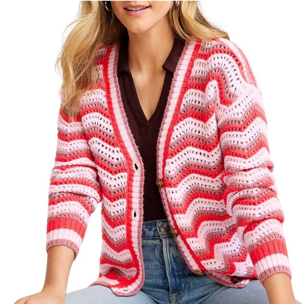 Maurices Pink Red Chevron Zig Zag Open Knit Button Front Cardigan Sweater Size M